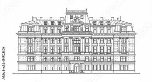 Detailed architectural drawing of a grand, multi-story building facade.