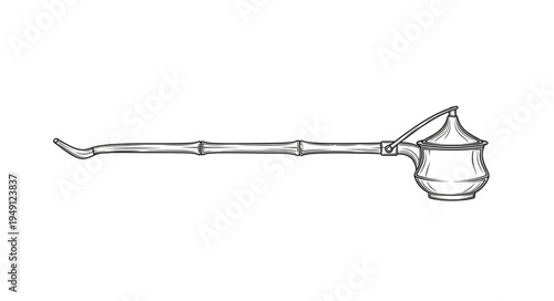 Antique opium pipe with bamboo stem and ornate bowl.