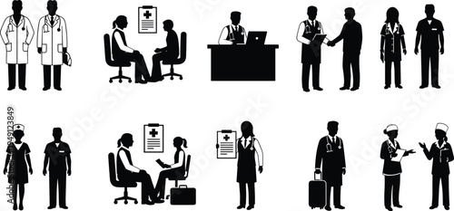 Medical healthcare professionals silhouette set, doctors, nurses, patient consultation, stethoscope, clipboard, hospital staff vector, clinical and medical work illustration
