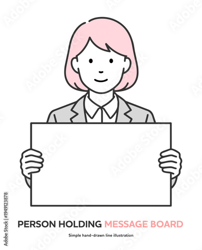 白紙のボードを持つ若い女性ビジネスパーソンの手書き線画イラスト