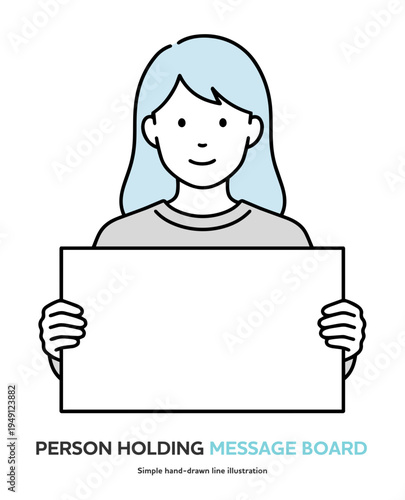 白紙のボードを持つカジュアルな若い女性の手書き線画イラスト