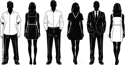 Modern professional people silhouettes, men and women standing, business and casual fashion, diverse office style, minimal vector illustration design concept