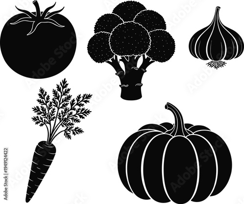 Black silhouette vector illustration set of organic garden vegetables featuring tomato, broccoli, garlic bulb, fresh carrot with leaves, and large autumn pumpkin design