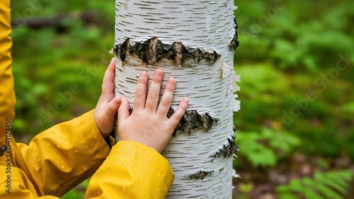 Toddler in yellow raincoat touching white birch tree bark during sensory forest school