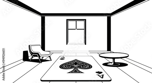 Monochromatic Room with Oversized Ace of Spades Card.