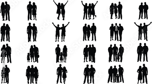 people group silhouette collection, family couples friends standing together, community teamwork concept, men women children figures, social gathering vector