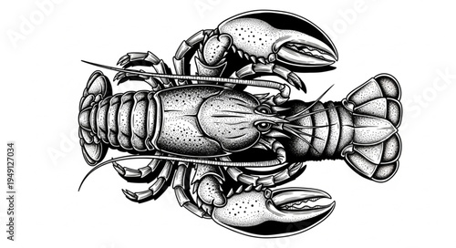 Detailed black and white illustration of a symmetrical lobster.
