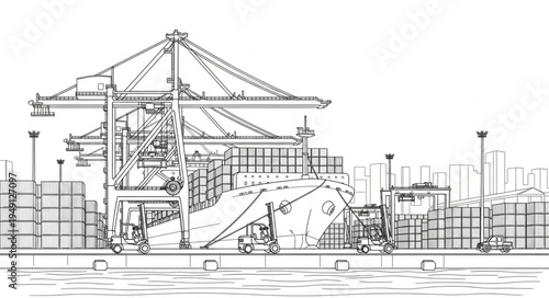 Detailed line art of a cargo ship being loaded at a port.