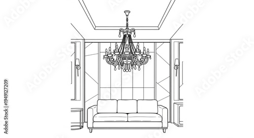 Elegant Interior Sketch - Chandelier and Sofa in a Stylish Room.