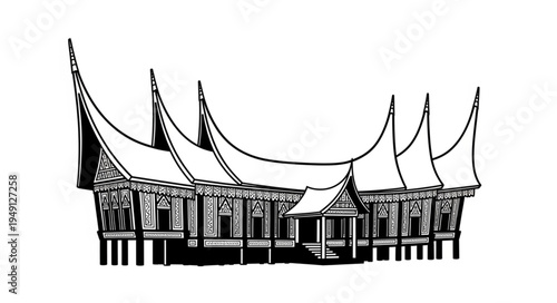 Detailed Line Art of Traditional Minangkabau House, West Sumatra.