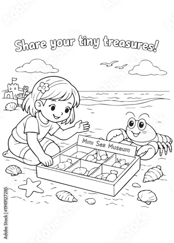 coloring book page girl sorting and sharing tiny beach treasures from a tray with lobster
