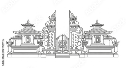 Elaborate Balinese Gate - A Detailed Architectural Drawing.