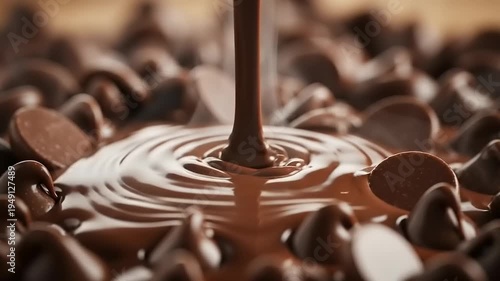 Pouring Rich Melted Chocolate Over a Bed of Chocolate Chips.