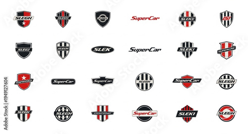Collection of Supercar Logo Designs with Shield and Stripe Elements.