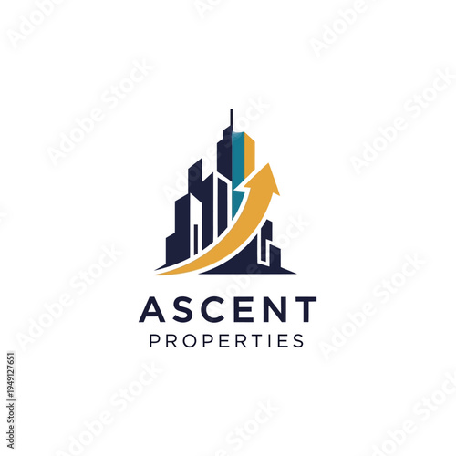 Dynamic Ascent Properties logo featuring an upward-growing city skyline and a bold arrow, symbolizing progress and success on an isolated white background.