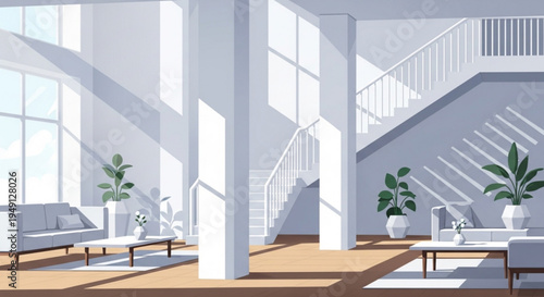 Modern bright living room interior with staircase and plants in white and gray tones sunny home decor