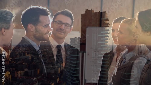 Composite video of diverse businessman and businesswoman shaking hands against tall buildings