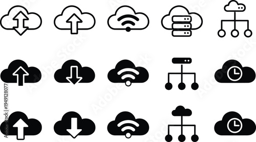 cloud computing icons, cloud upload download, data storage server, cloud network, wifi cloud, backup sync, technology vector icon set