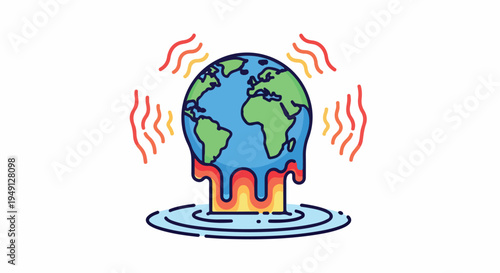 Illustration of a melting Earth globe with red heat waves on a white background conveying a sense of global warming and climate change.