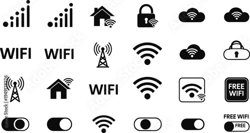 WiFi and wireless connection icons set, internet network signal symbols collection, cloud connectivity, secure wifi, router signal, free wifi vector