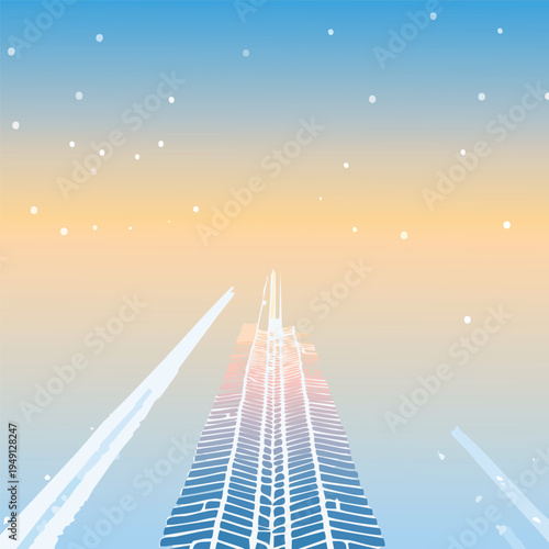Abstract illustration of a tire track road leading into a gradient sky