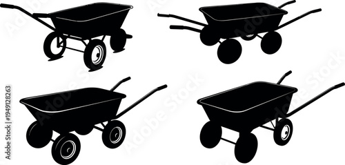 Four black silhouette wheelbarrows on a white background