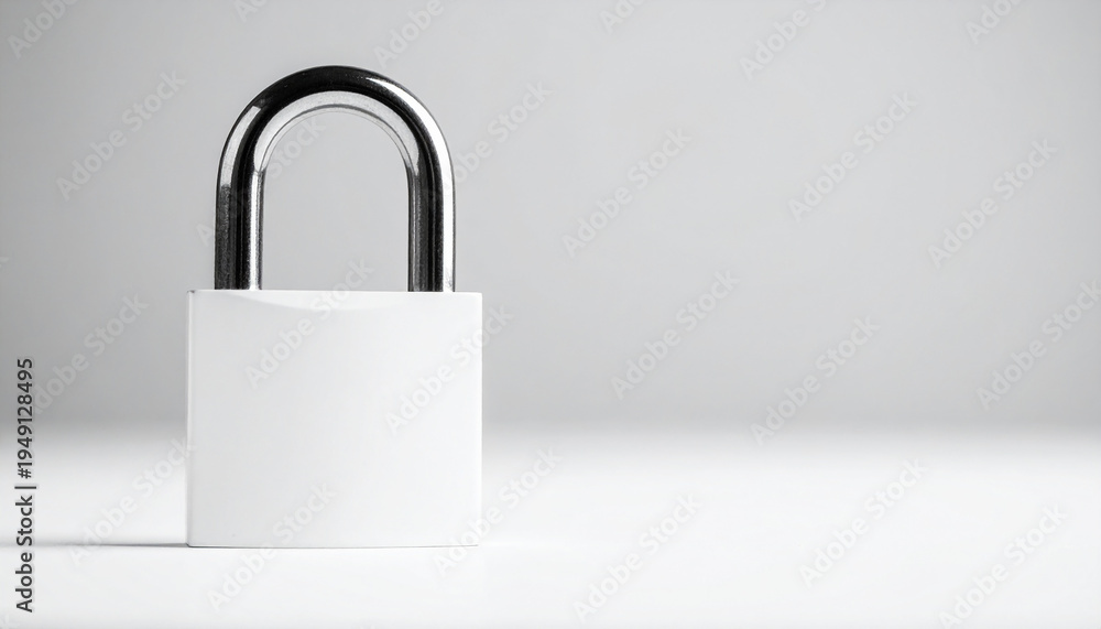 Naklejka premium White metallic padlock, blurred monochrome white background, minimal modern composition. Security and protection.
