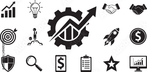 Black and white business including gear growth chart and handshake finance