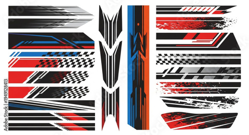 Set of Racing Car Decals with Abstract Grunge and Geometric Elements.