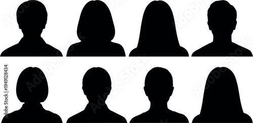 Seven anonymous silhouettes of people with varying hairstyles