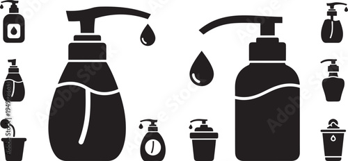 Black and white of various dispenser bottles and soap dispensers lotion pump