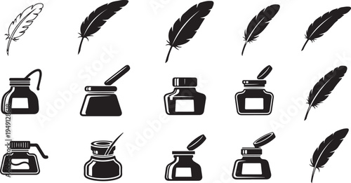 Black and white of quills and inkwells feather writing vintage
