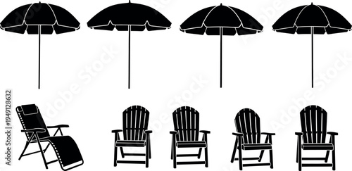 Black and white illustration of beach umbrellas and chairs