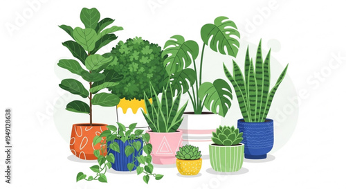 Collection of diverse houseplants in colorful pots on a white background for decoration and interior design