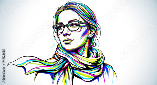 Woman with glasses and colorful scarf illustration vibrant multicolored design stylish portrait with flowing fabric