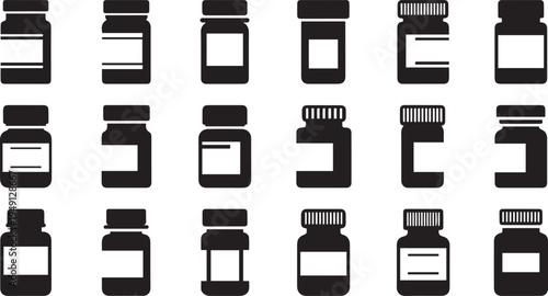 Black and white of various medicine bottles and jars with blank labels