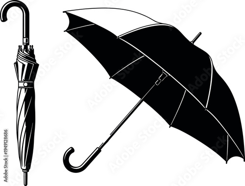 Black and white illustration of a classic hook handle umbrella and a opened black umbrella