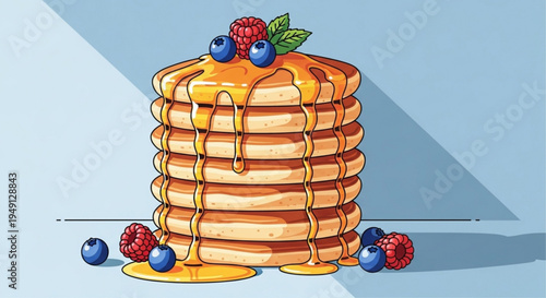 Stack of fluffy pancakes with syrup raspberries and blueberries on top breakfast food