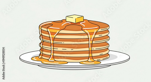 A stack of pancakes with syrup dripping down and butter on top served on a white plate perfect for breakfast or brunch themes