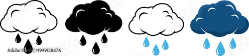 Four clouds with different colors and rain drops