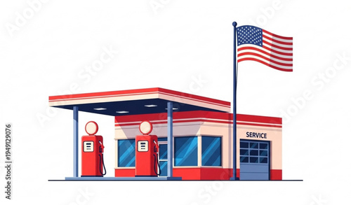 Vintage American gas station with red fuel pumps and flag retro roadside architecture vector illustration