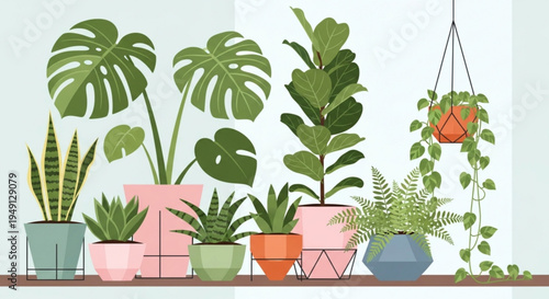 Collection of potted plants on a shelf with hanging pot various green leaves and colorful pots indoor gardening home decor plants in different pots