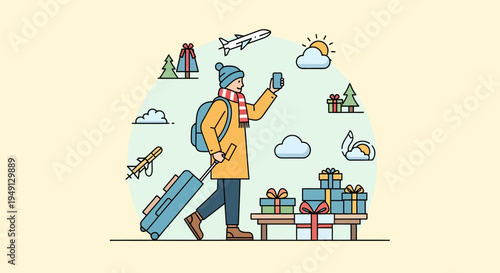 Flat vector illustration of a male traveler in winter apparel pulling a suitcase and holding a smartphone, surrounded by holiday gift boxes, pine trees, an airplane, and clouds.