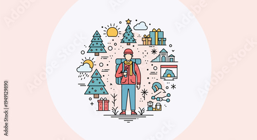 Flat line vector illustration of a male hiker with a backpack and winter clothing surrounded by seasonal icons including pine trees, gifts, sun, clouds, and snowflakes in a circle.