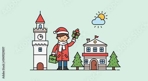 Vector illustration of a male traveler in a Santa hat holding a Christmas gift and briefcase standing between a clock tower and a house with pine trees under a sunny sky.