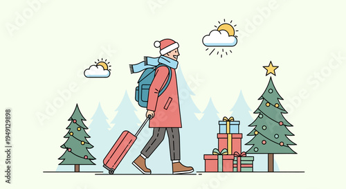 Flat vector illustration of a man wearing a Santa hat and winter coat walking with a red rolling suitcase and backpack past decorated Christmas trees and a stack of gift boxes.