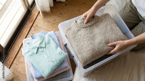 Schilderij op canvas Hands carefully folding heavy winter sweaters into clear plastic storage boxes, spring cleaning and wardrobe transition
