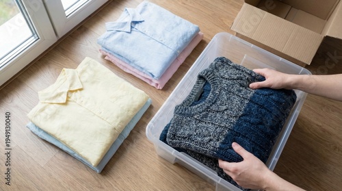 Slika na platnu Hands carefully folding heavy winter sweaters into clear plastic storage boxes, spring cleaning and wardrobe transition