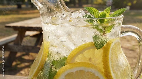 Foto Refreshing glass pitcher full of cold ice water, fresh lemon slices, and green mint leaves, summer drink