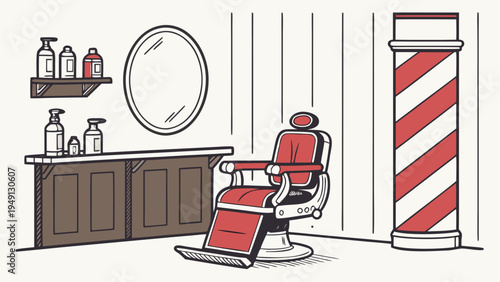 A minimalist vector illustration of a barber shop interior with a red chair and pole